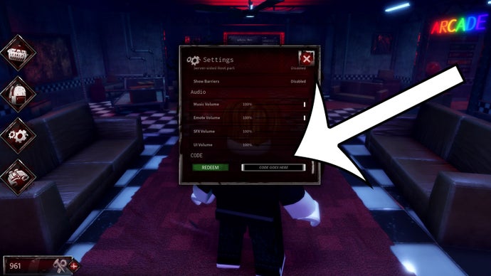 Bite By Night Settings menu screenshot showing the CODE field and Redeem button used to enter SORRYGUYS.