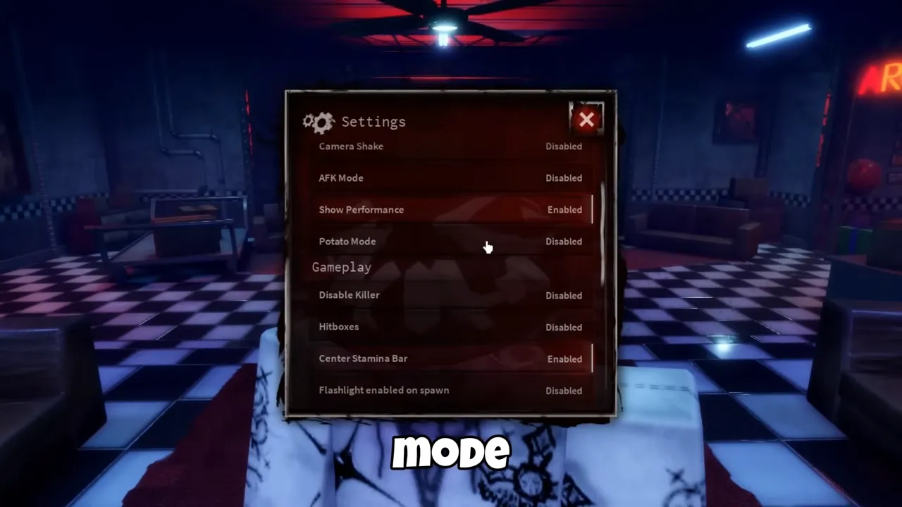 Bite By Night settings menu showing recommended beginner options such as disable killer, hit boxes, and center stamina bar.