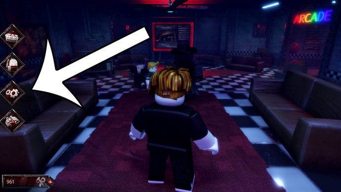 Bite By Night lobby screenshot highlighting the Settings button on the left side of the screen, which is the first step to redeem codes.